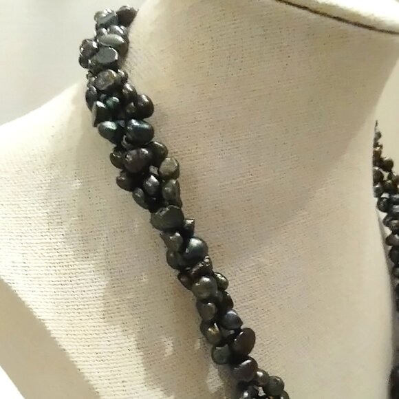 3 STRAND Dark Green BAROQUE FRESHWATER PEARL NECKLACE Choker Silver Tone - Picture 5 of 6